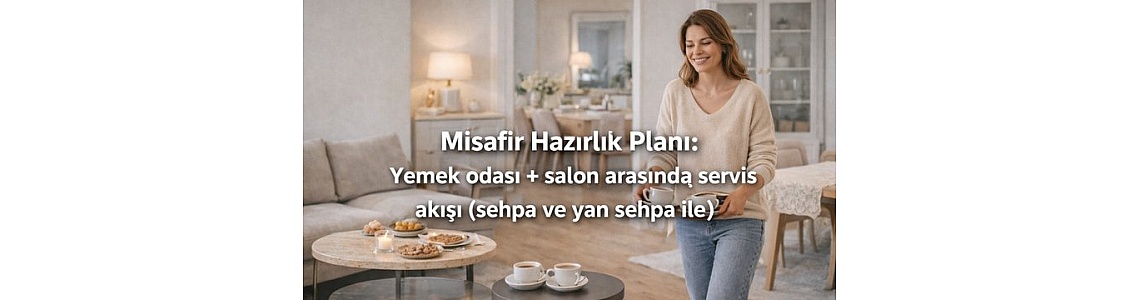 Misafir Hazırlık Planı: Yemek odası + salon arasında servis akışı (sehpa ve yan sehpa ile)